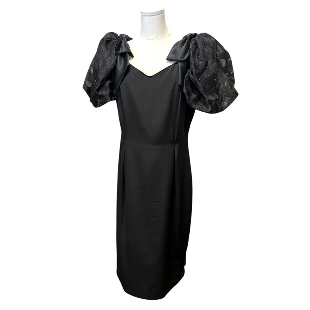VTG 80s 90s Whimsigoth Puff Sleeve Bow Accents Black Formal Dress Womens Medium - Picture 2 of 12